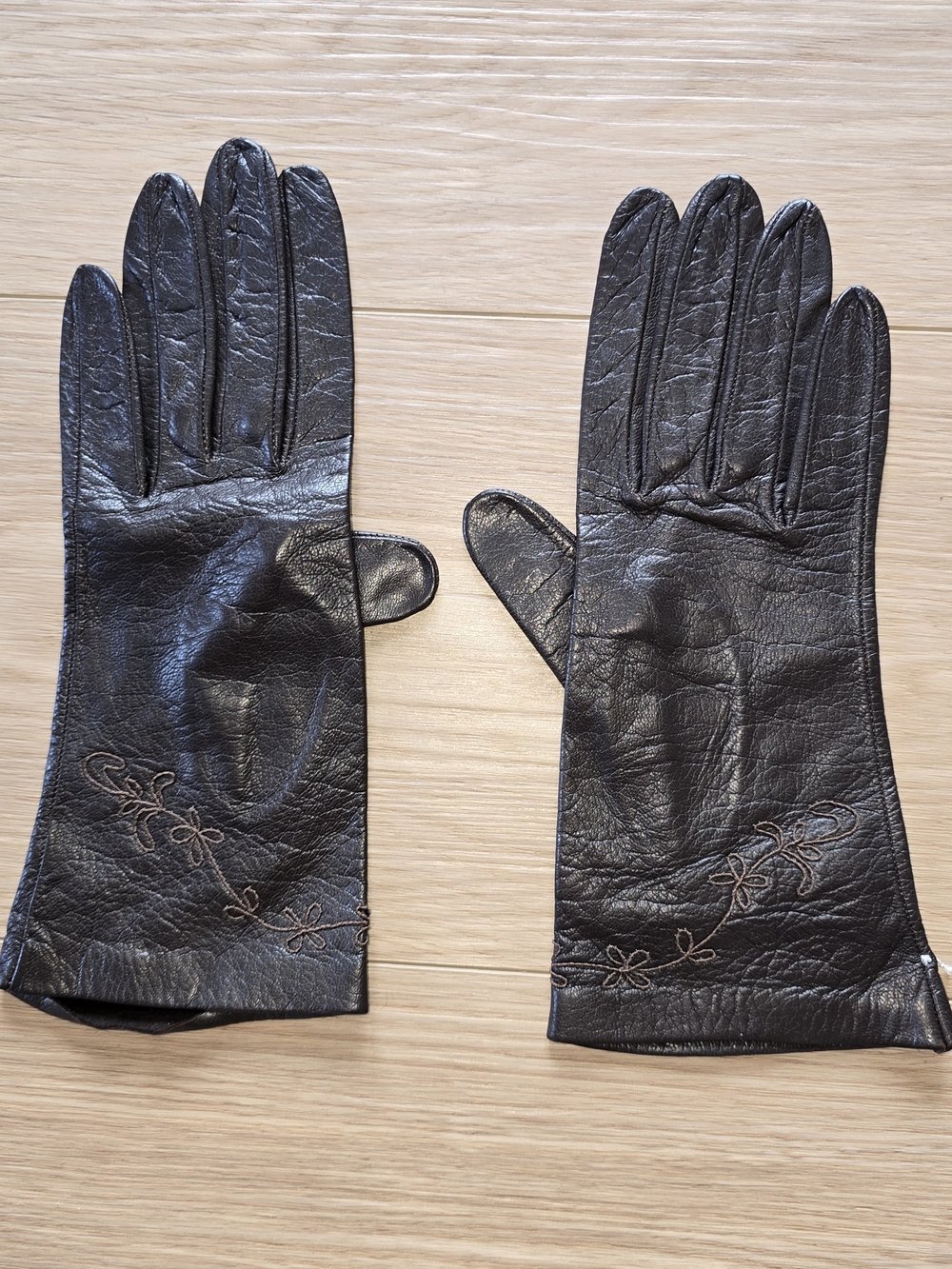 Vintage Women Dark Brown Genuine Leather Gloves Floral Embroidered Winter Size45